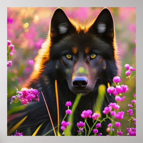 Black wolf  in pink flowers   poster