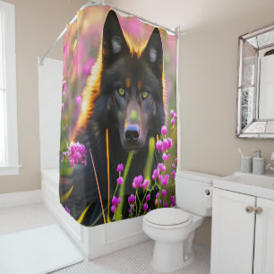 Black wolf in pink flowers shower curtain