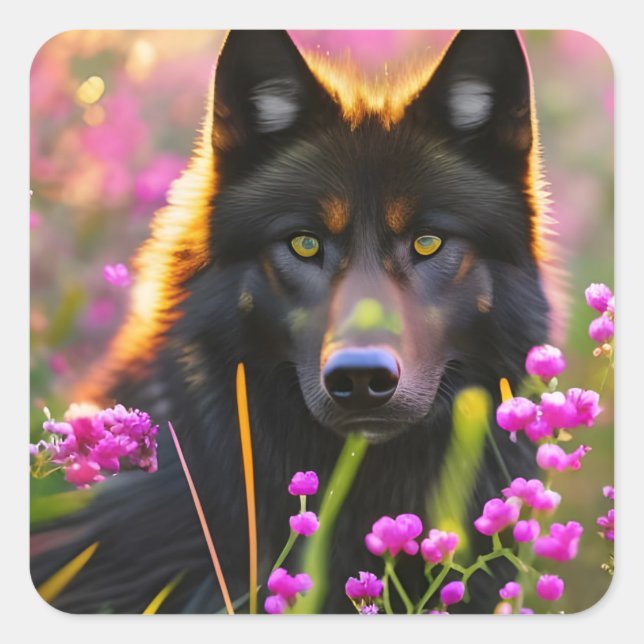 black wolf in pink flowers square sticker (Front)