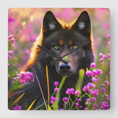 black wolf in pink flowers  square wall clock