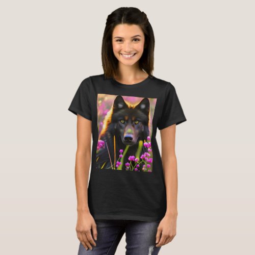 black wolf in pink flowers   T_Shirt