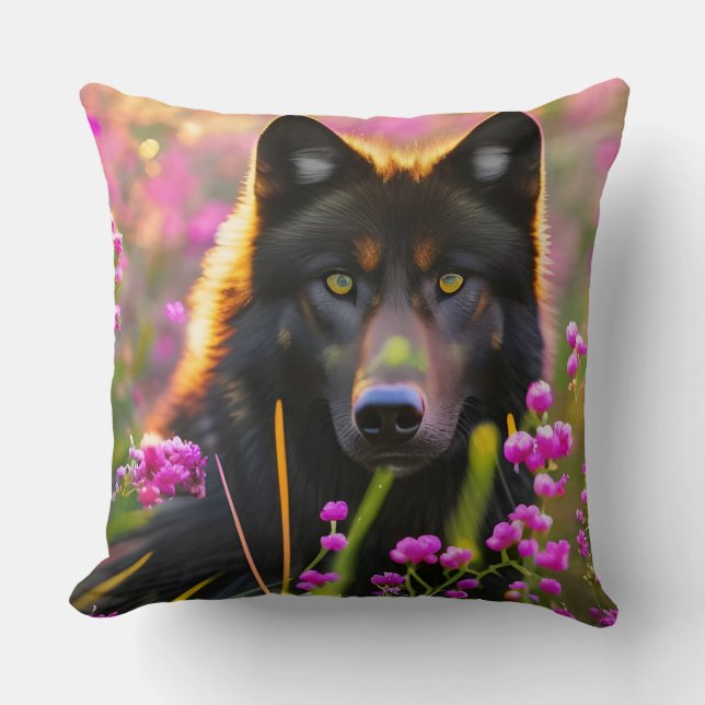 Black wolf  in pink flowers  throw pillow (Front)