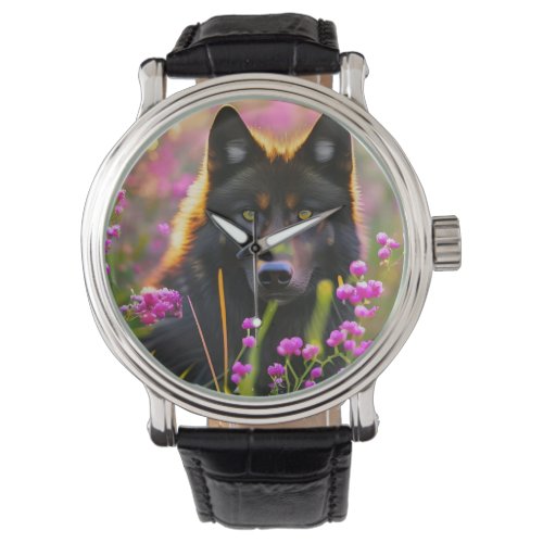 black wolf in pink flowers   watch