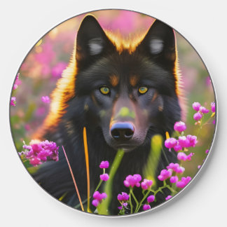 Black wolf in pink flowers wireless charger