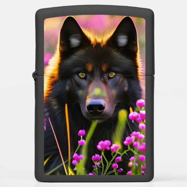 Black wolf  in pink flowers   zippo lighter (Front)