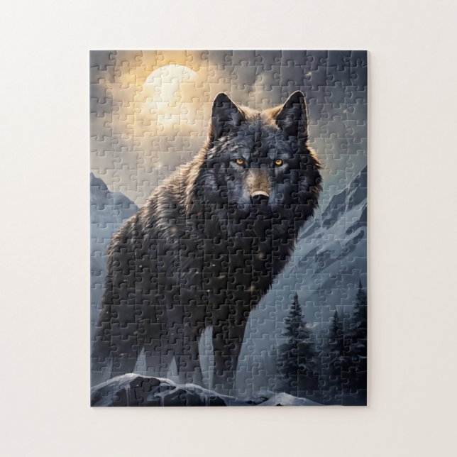 Black Wolf in Snowy Mountains Jigsaw Puzzle (Vertical)