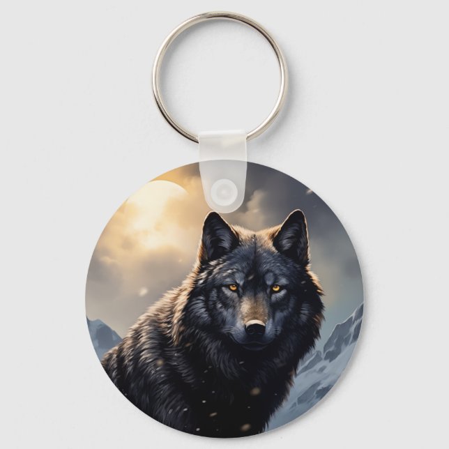 Black Wolf in Snowy Mountains Keychain (Front)