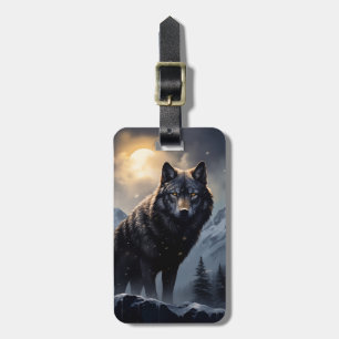 Black Wolf in Snowy Mountains Luggage Tag