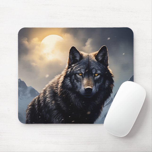 Black Wolf in Snowy Mountains Mouse Pad (With Mouse)