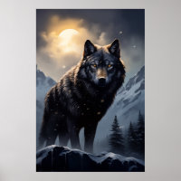Black Wolf in Snowy Mountains