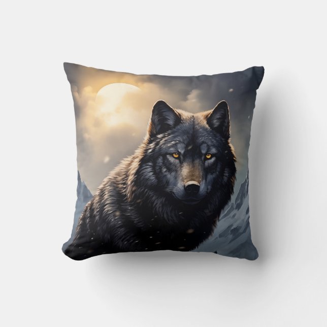Black Wolf in Snowy Mountains Throw Pillow (Front)