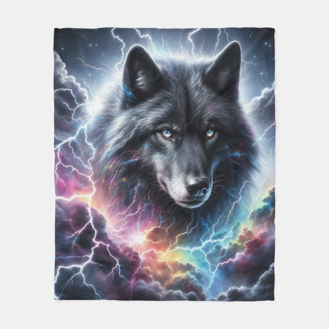 Black Wolf Lightning Storm Celestial Wildlife  Fleece Blanket (Front)