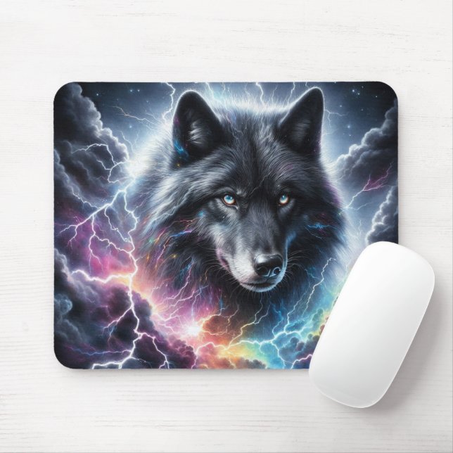 Black Wolf Lightning Storm Celestial Wildlife Mouse Pad (With Mouse)