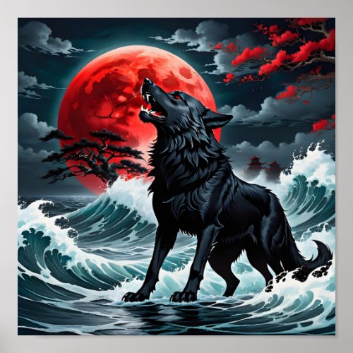 Black Wolf Moon Japanese Poster