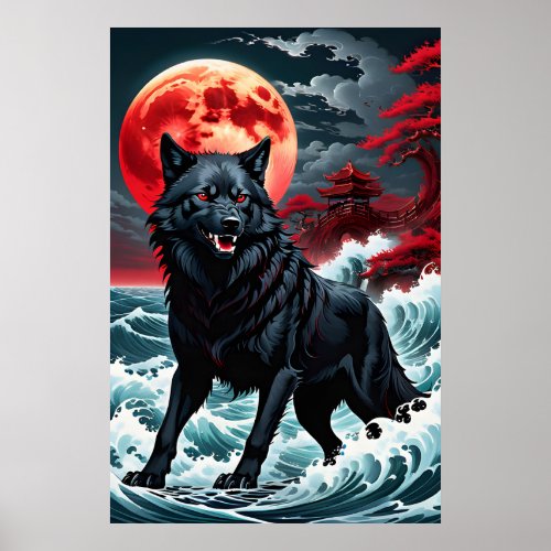 Black Wolf Red Eyes Japanese Poster