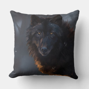 Black wolf throw pillow