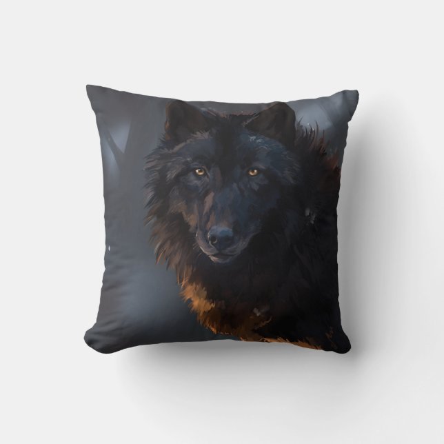 Black wolf throw pillow (Front)