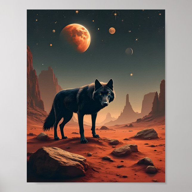 Black Wolf Under mars landscape Poster (Front)