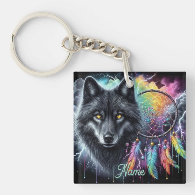 Black Wolf with a Dreamcatcher Keychain (Front)