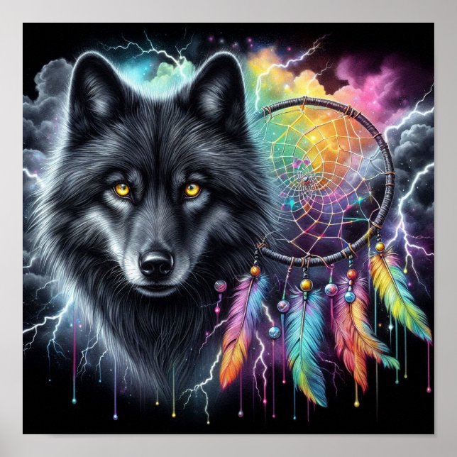 Black Wolf with a Dreamcatcher Poster (Front)