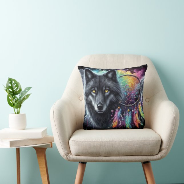 Black Wolf with a Dreamcatcher Throw Pillow (Chair)