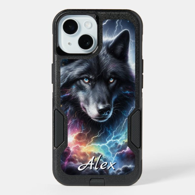 Black Wolf with Lightning  iPhone 15 Case (Back)