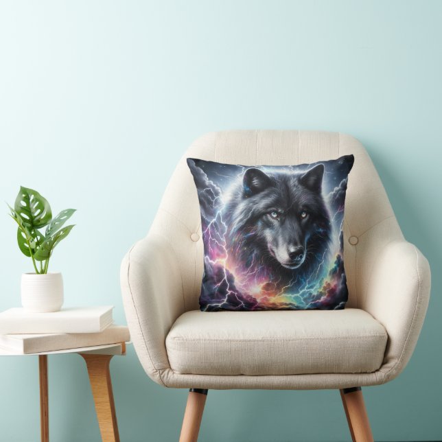 Black Wolf with Lightning Throw Pillow (Chair)