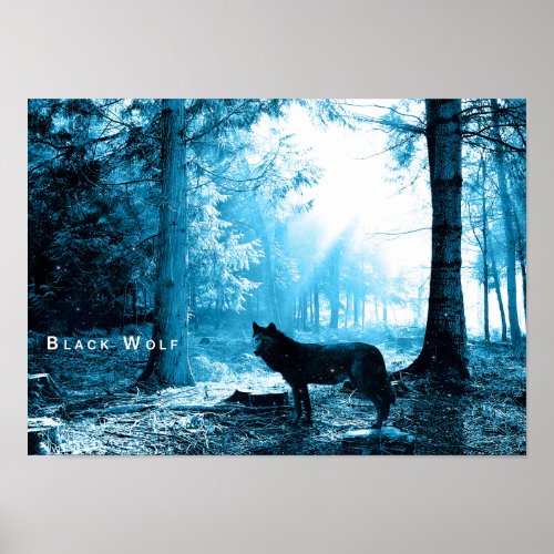 Black Wolf Woods Forest Night Fantasy Poster
