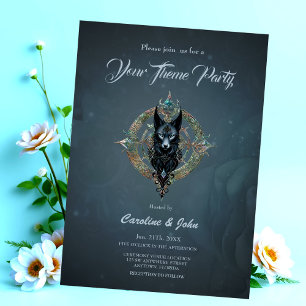Black wolfs head with piercing blue eyes, invitation