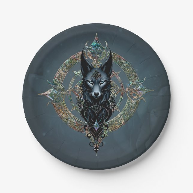 Black wolfs head with piercing blue eyes paper plates (Front)