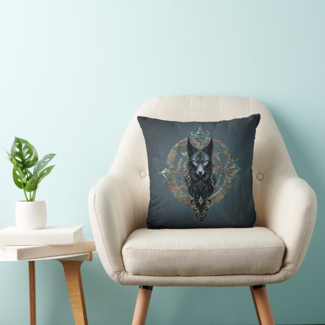 Black wolfs head with piercing blue eyes throw pillow (Chair)