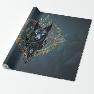 Black wolfs head with piercing blue eyes, wrapping paper