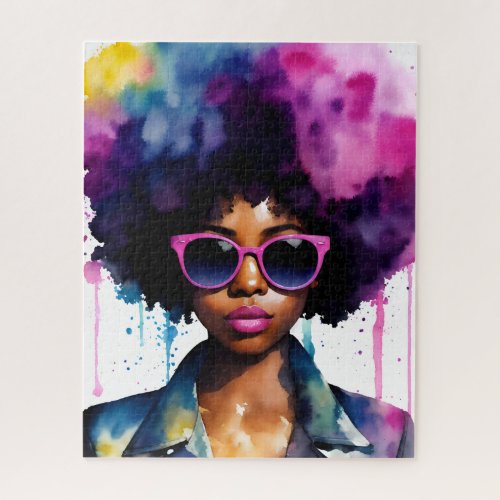 Black Woman Afro Hair and Sunglasses Rainbow Art Jigsaw Puzzle