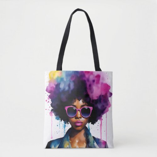 Black Woman Afro Hair and Sunglasses Rainbow Art Tote Bag