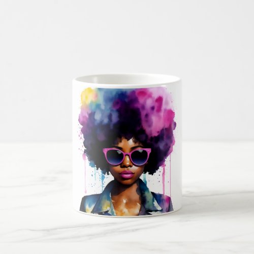 Black Woman Afro Rainbow Hair Sunglasses Art Coffee Mug