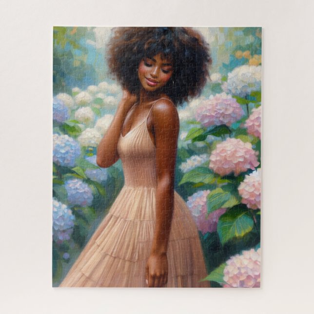 Black Woman Among Hydrangea Flowers Jigsaw Puzzle (Vertical)