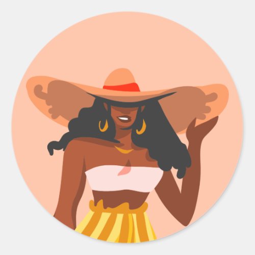 Black Woman Big Hat Vacation Vibes Classic Round Sticker