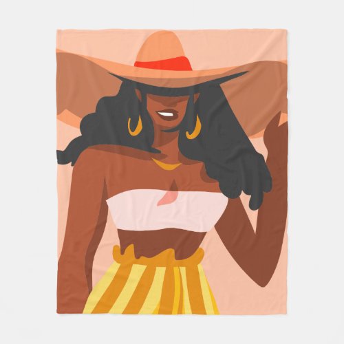 Black Woman Big Hat Vacation Vibes Fleece Blanket