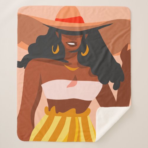 Black Woman Big Hat Vacation Vibes Sherpa Blanket
