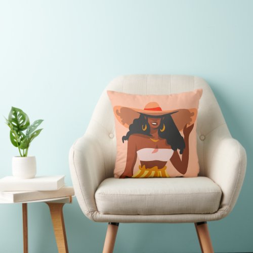 Black Woman Big Hat Vacation Vibes Throw Pillow
