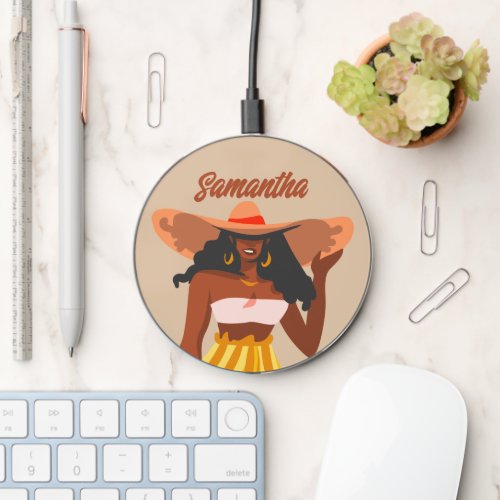 Black Woman Big Hat Vacation Vibes Wireless Charger