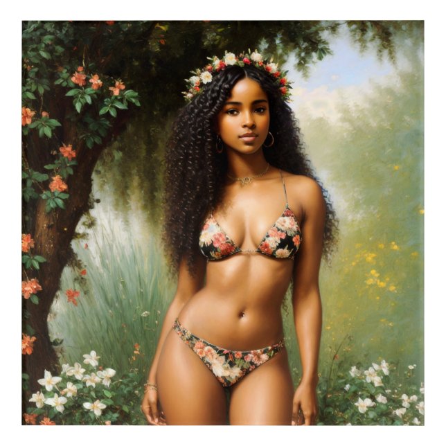 Black Woman Bikini Model Floral Beauty Acrylic Print (Front)