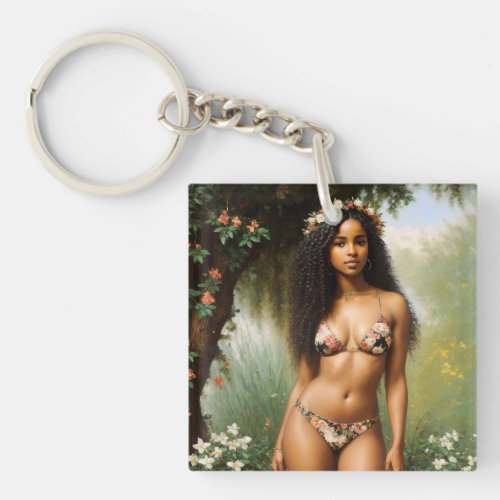 Black Woman Bikini Model Floral Beauty Keychain