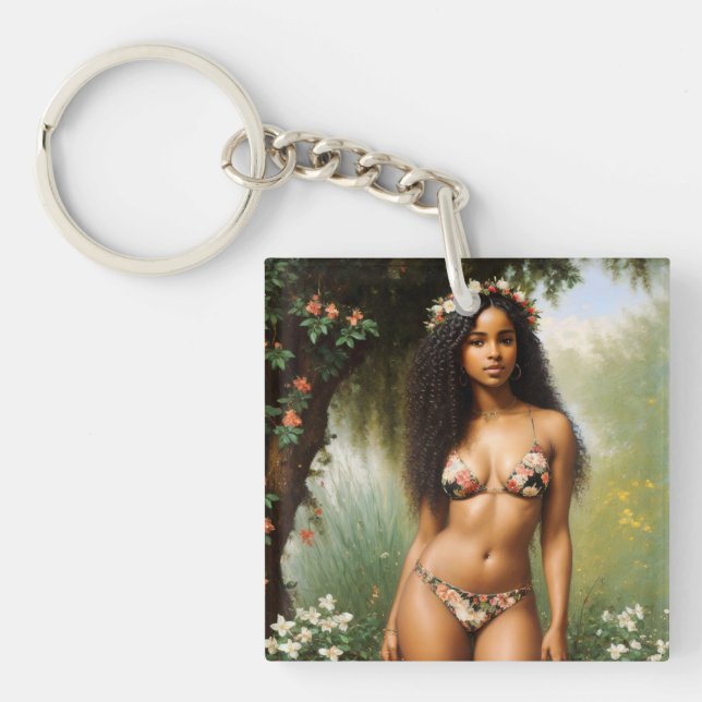 Black Woman Bikini Model Floral Beauty Keychain (Front)