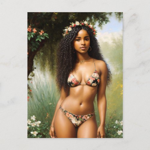 Black Woman Bikini Model Floral Beauty Postcard