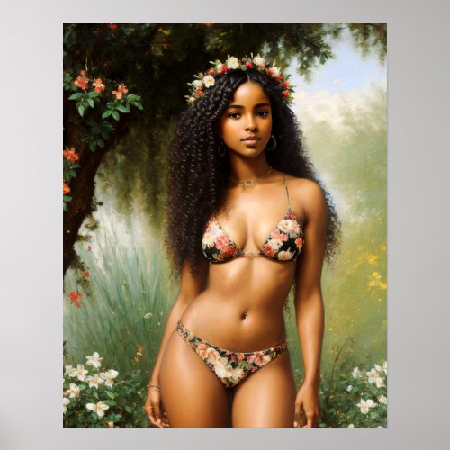 Black Woman Bikini Model Floral Beauty Poster