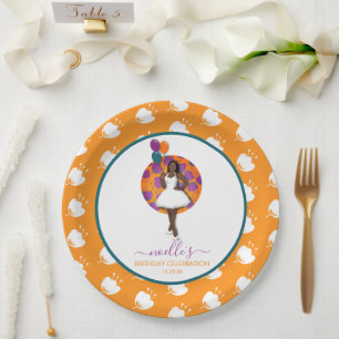 Black Woman, Birthday Balloons & Flowers, Orange Paper Plates