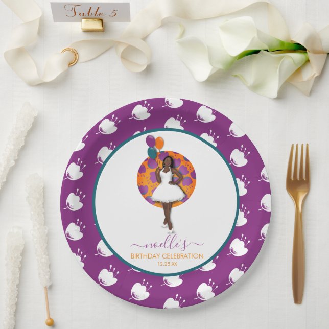 Black Woman, Birthday Balloons & Flowers, Purple Paper Plates (Wedding)