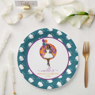 Black Woman, Birthday Balloons & Flowers Teal Paper Plates