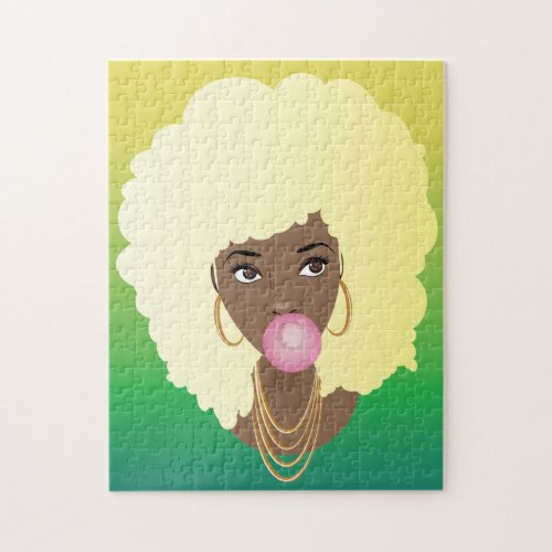 Black Woman Blond Afro Bubblegum Yellow Green Jigsaw Puzzle